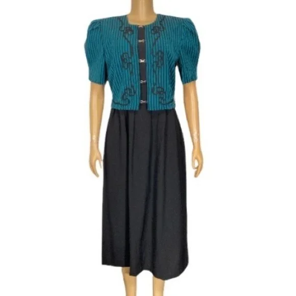 80s Miss Dorby DressTie Back Midi Black Green striped short sleeves size 10 - Picture 2 of 15